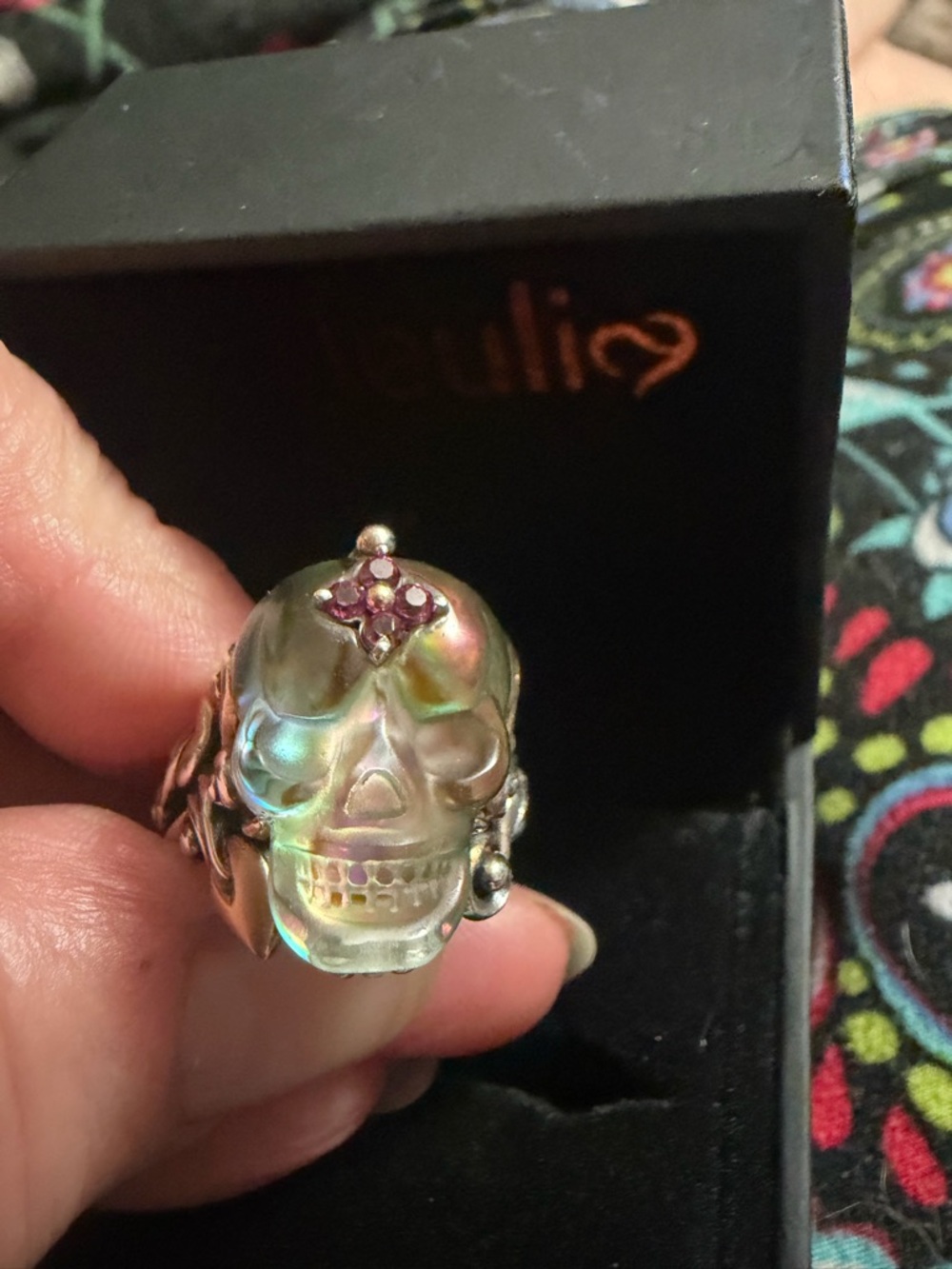 Barbra Bixby sterling silver and 14k gold accents. Carved skull ring.